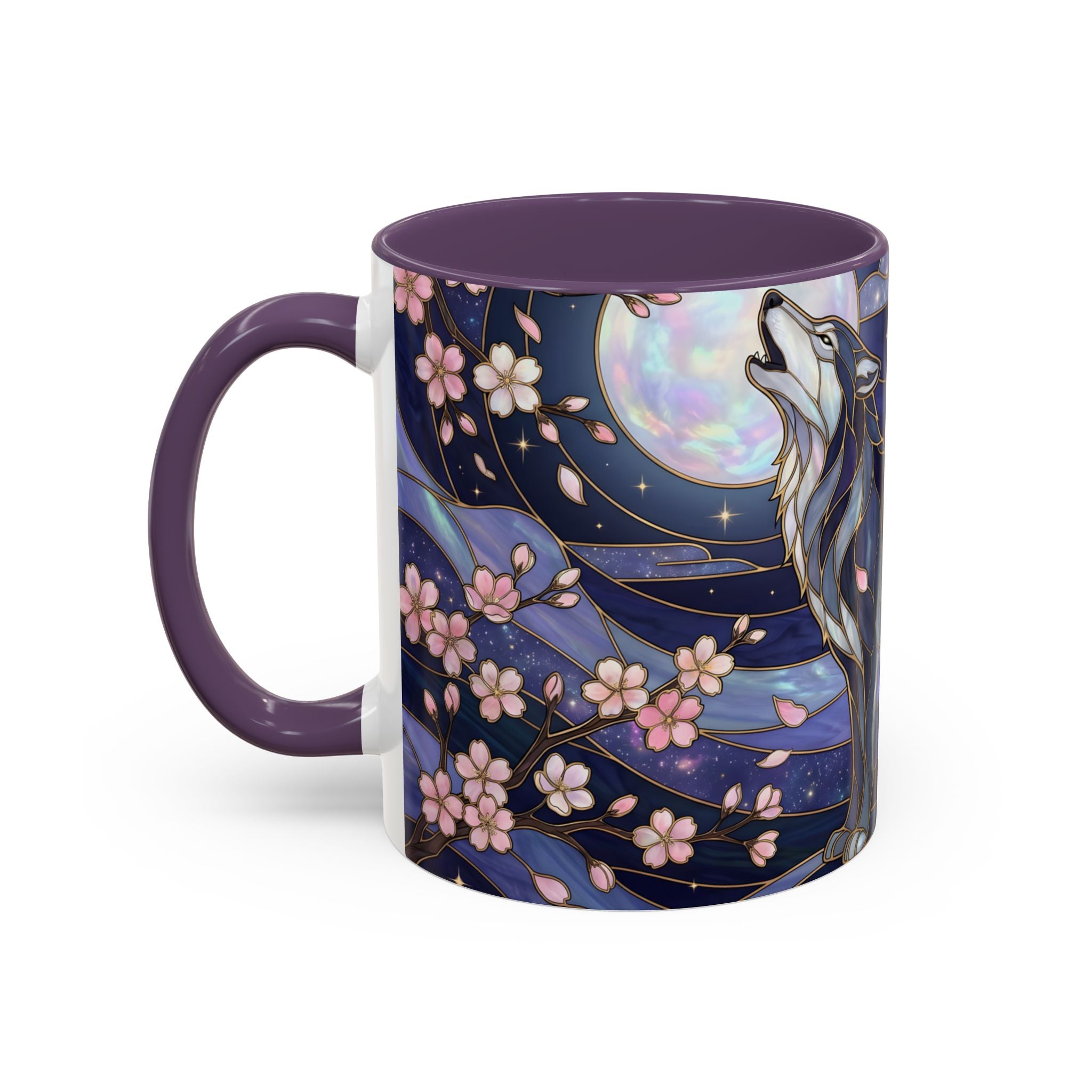 Night Sakura Wolf Stained Glass Style Wolf Coffee Mug