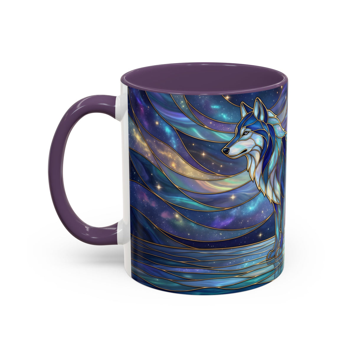 Starlit Lake Wolf Stained Glass Style Mug