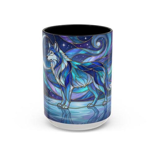 Moonlit Lake Wolf Stained Glass Style Mug