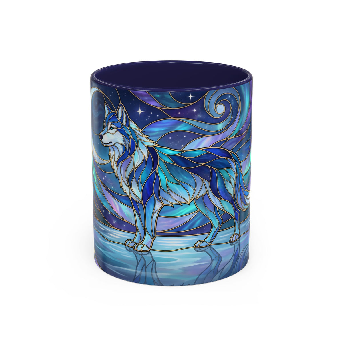 Moonlit Lake Wolf Stained Glass Style Mug