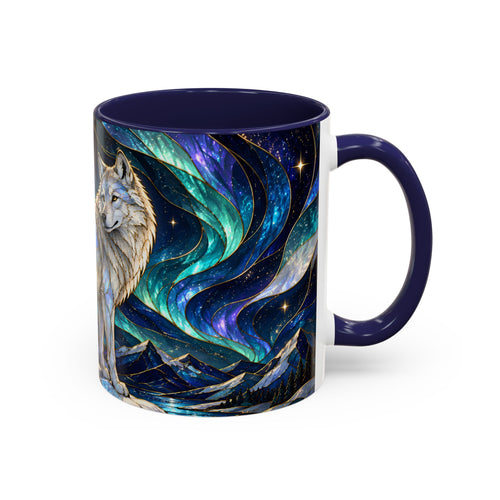Aurora Mountain Wolf Stained Glass Style Mug