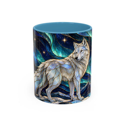 Aurora Mountain Wolf Stained Glass Style Mug