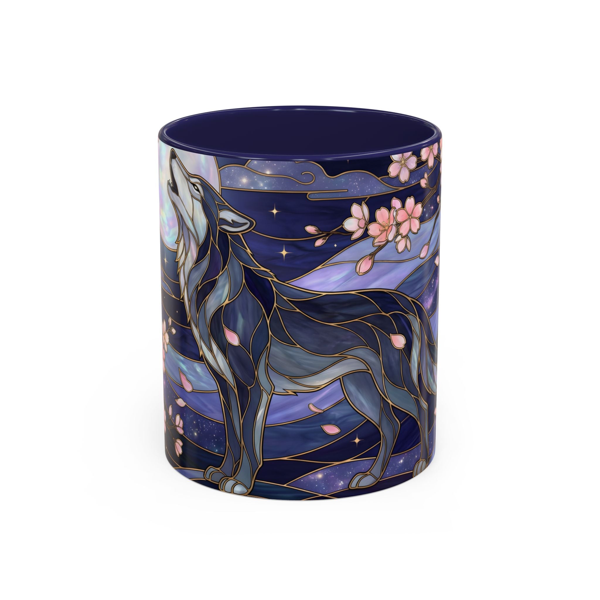 Night Sakura Wolf Stained Glass Style Wolf Coffee Mug