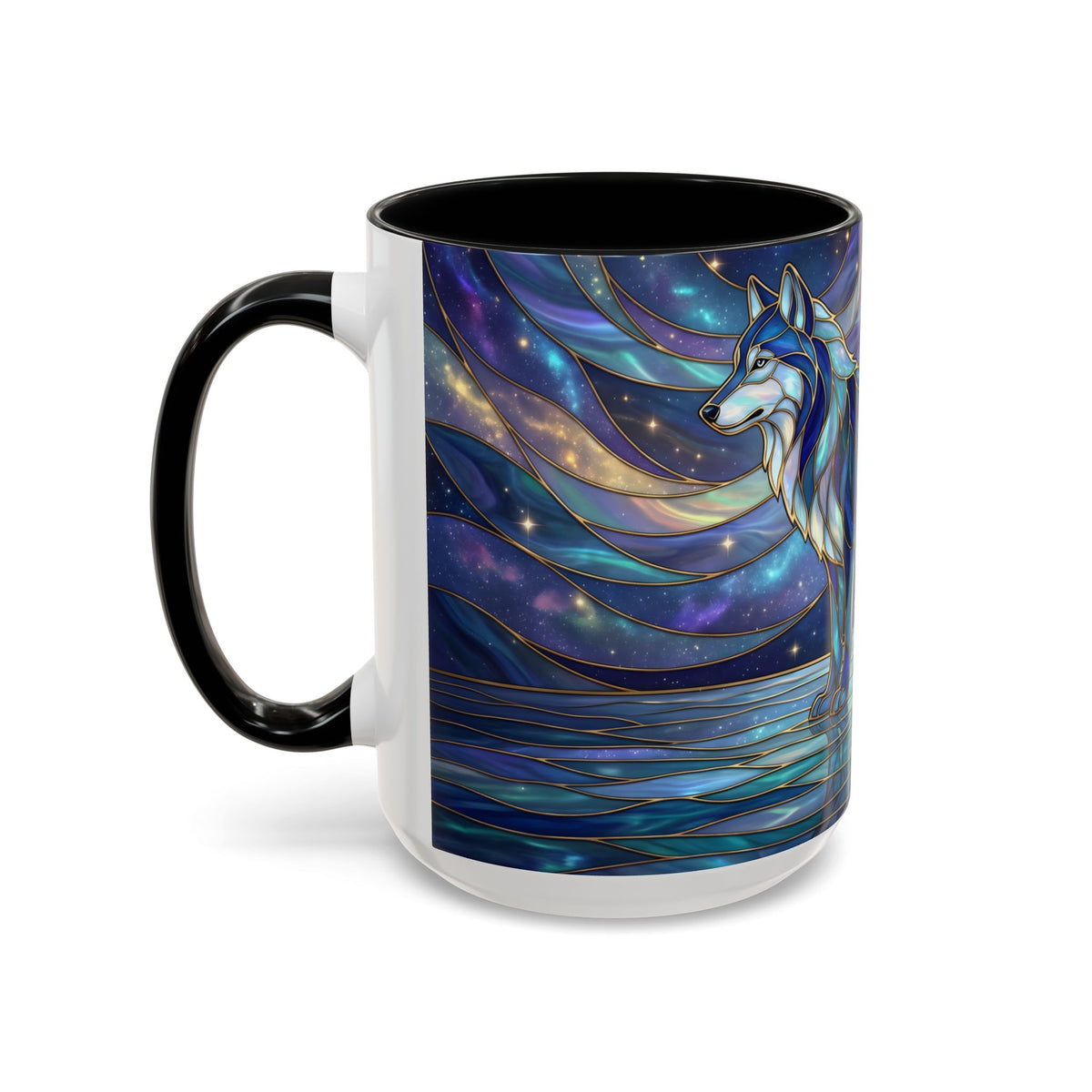 Starlit Lake Wolf Stained Glass Style Mug