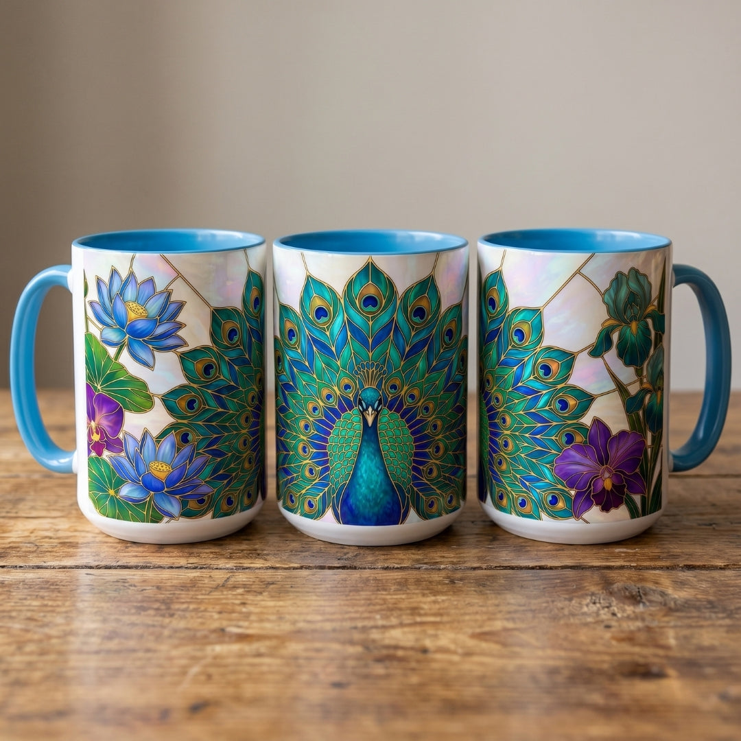 Floral Peacock Stained Glass Style Mug