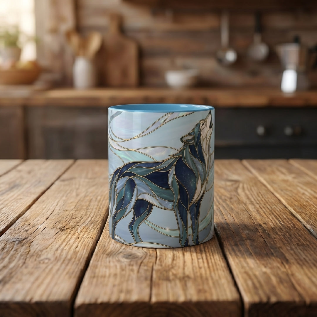 Mystical Blue Wolf Stained Glass Style Mug