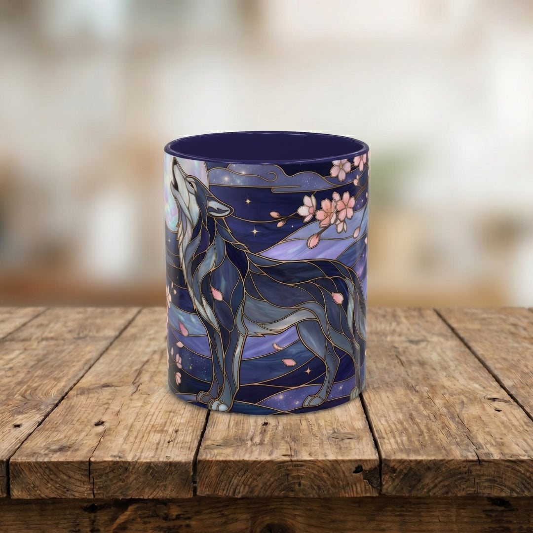 Night Sakura Wolf Stained Glass Style Wolf Coffee Mug