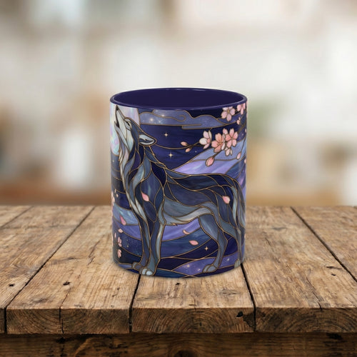 Night Sakura Wolf Stained Glass Style Wolf Coffee Mug