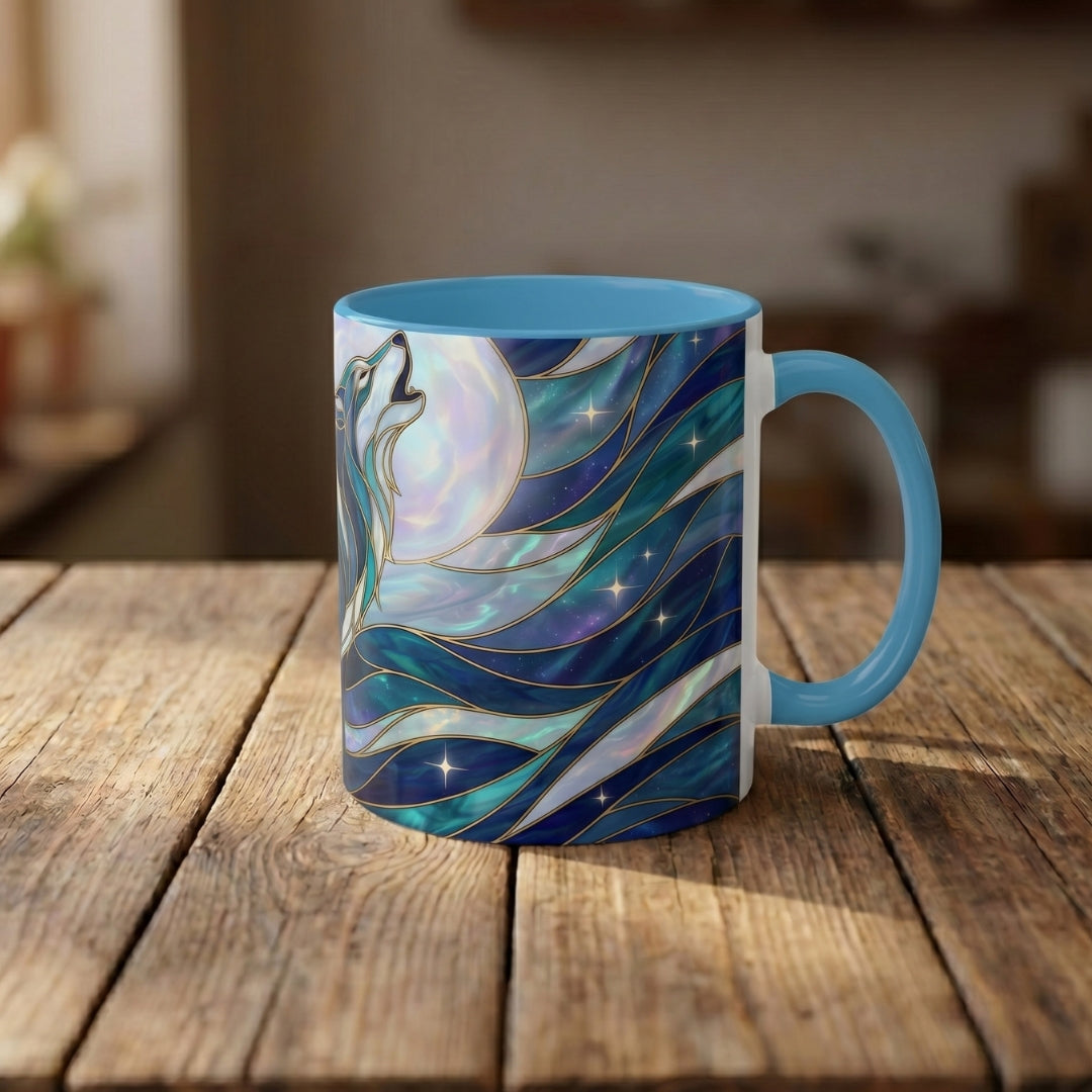 Celestial Blue Wolf Stained Glass Style Mug