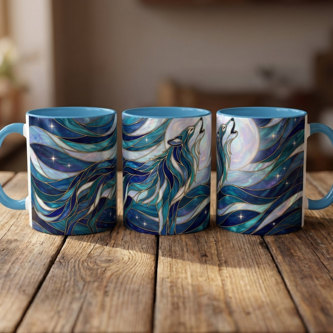 Celestial Blue Wolf Stained Glass Style Mug