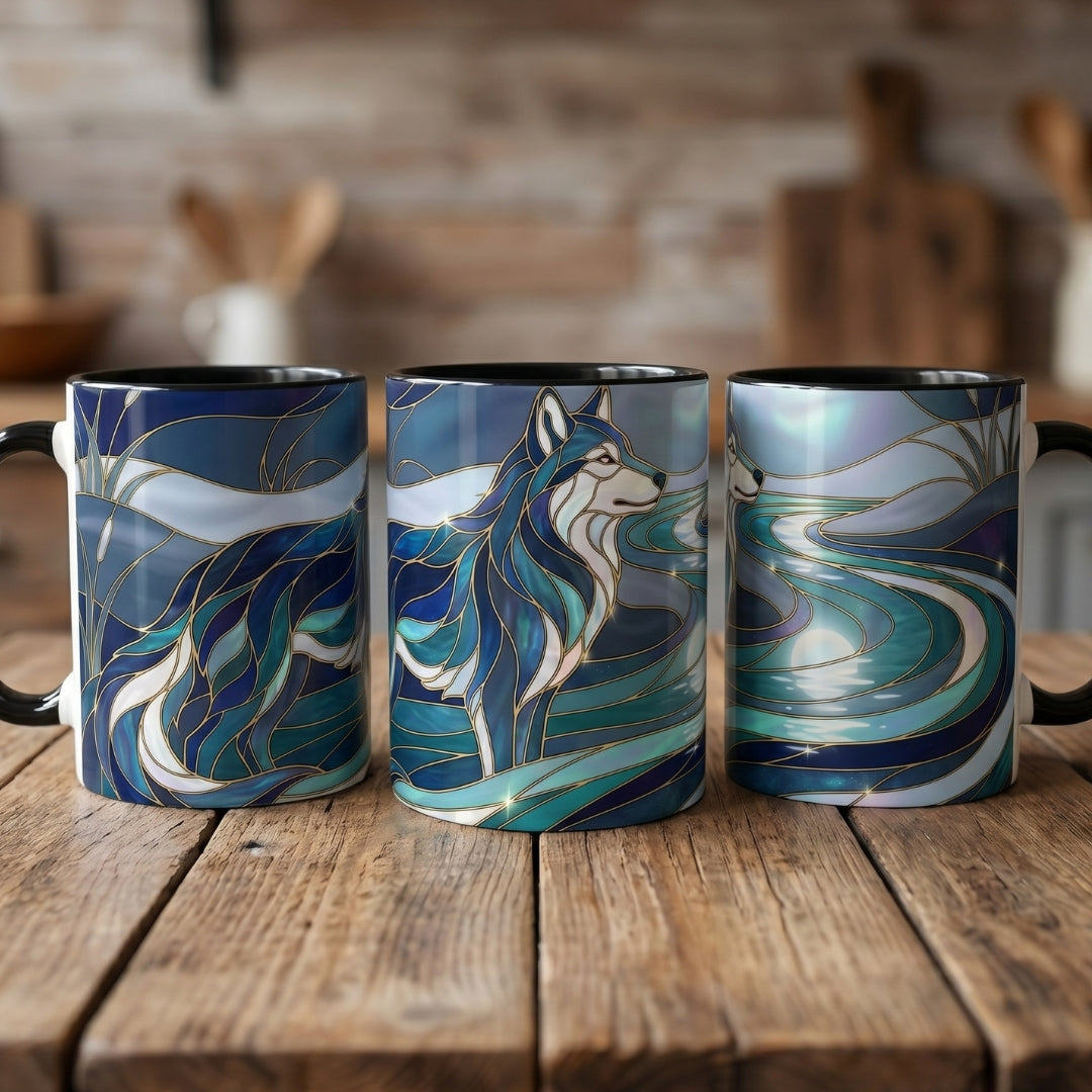 River Moon Wolf Stained Glass Style Mug