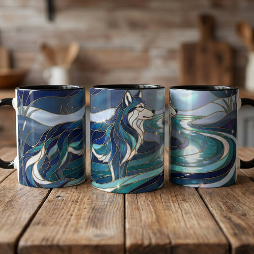 River Moonlit Wolf Stained Glass Style Mug