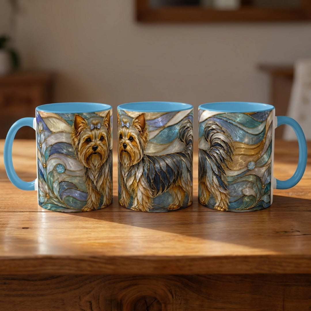 Blue Glow Yorkshire Terrier Stained Glass Style Mug