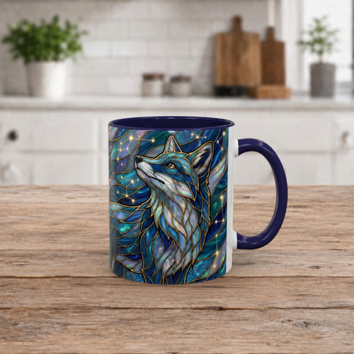 Celestial Blue Fox Stained Glass Style Mug