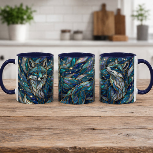 Celestial Blue Fox Stained Glass Style Mug