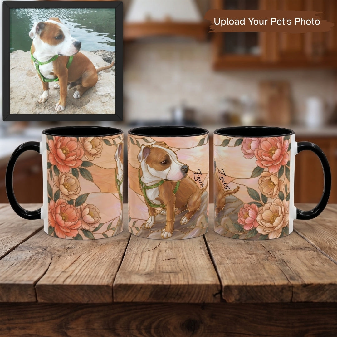 Custom Pet Photo Floral Stained Glass Style Mug