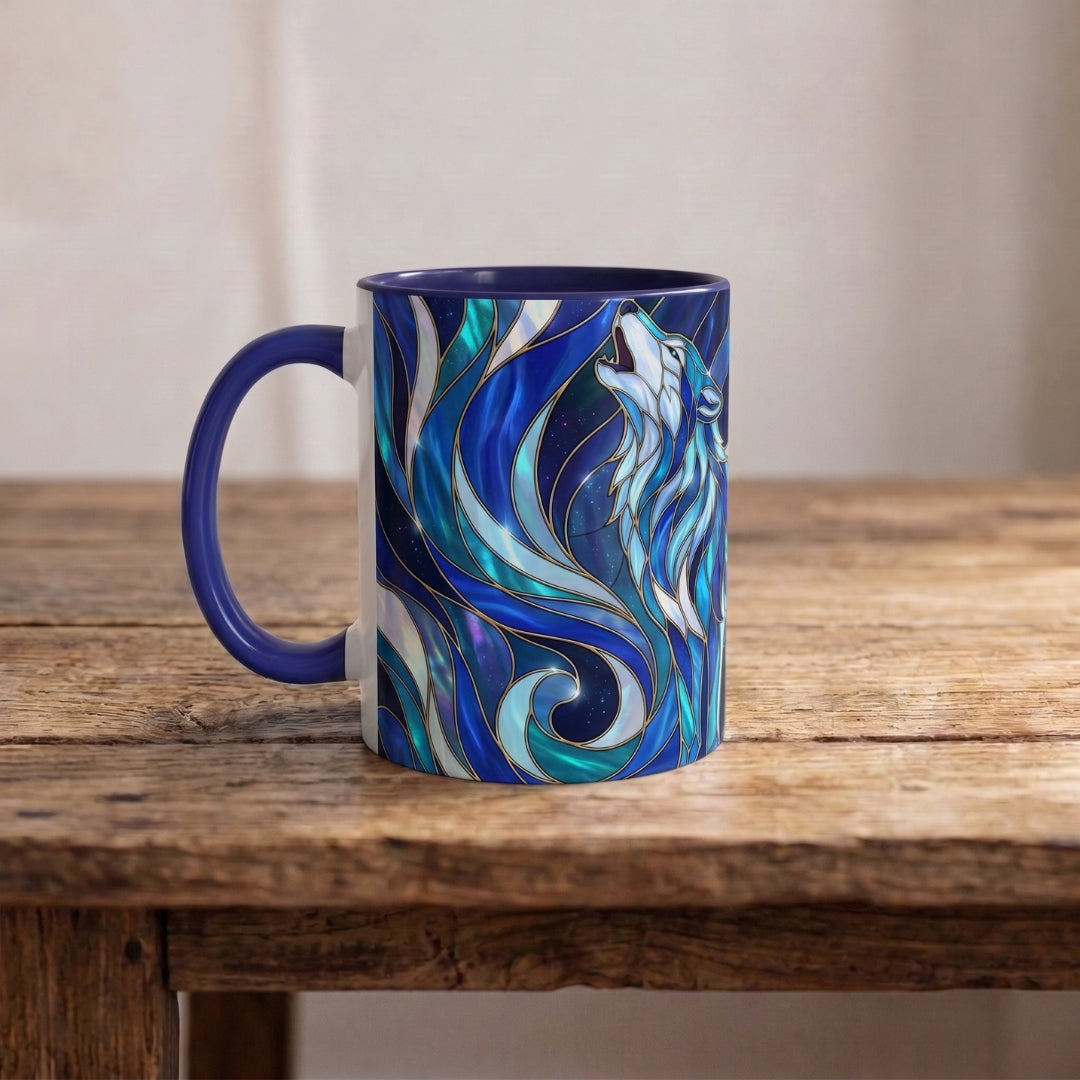 Cobalt Wolf Howl Stained Glass Style Mug
