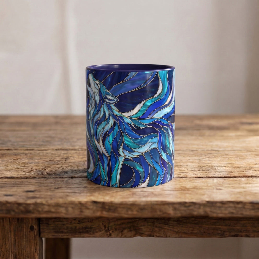 Cobalt Wolf Howl Stained Glass Style Mug
