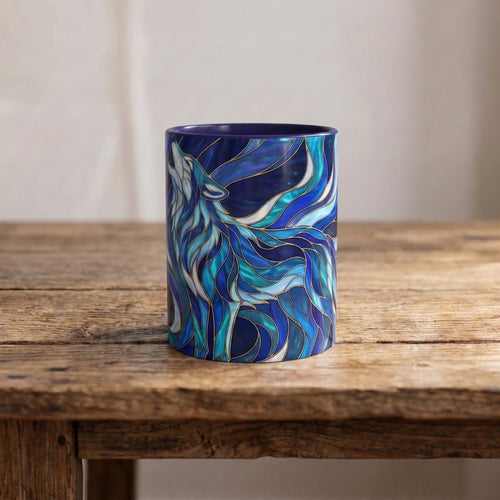 Cobalt Wolf Howl Stained Glass Style Mug