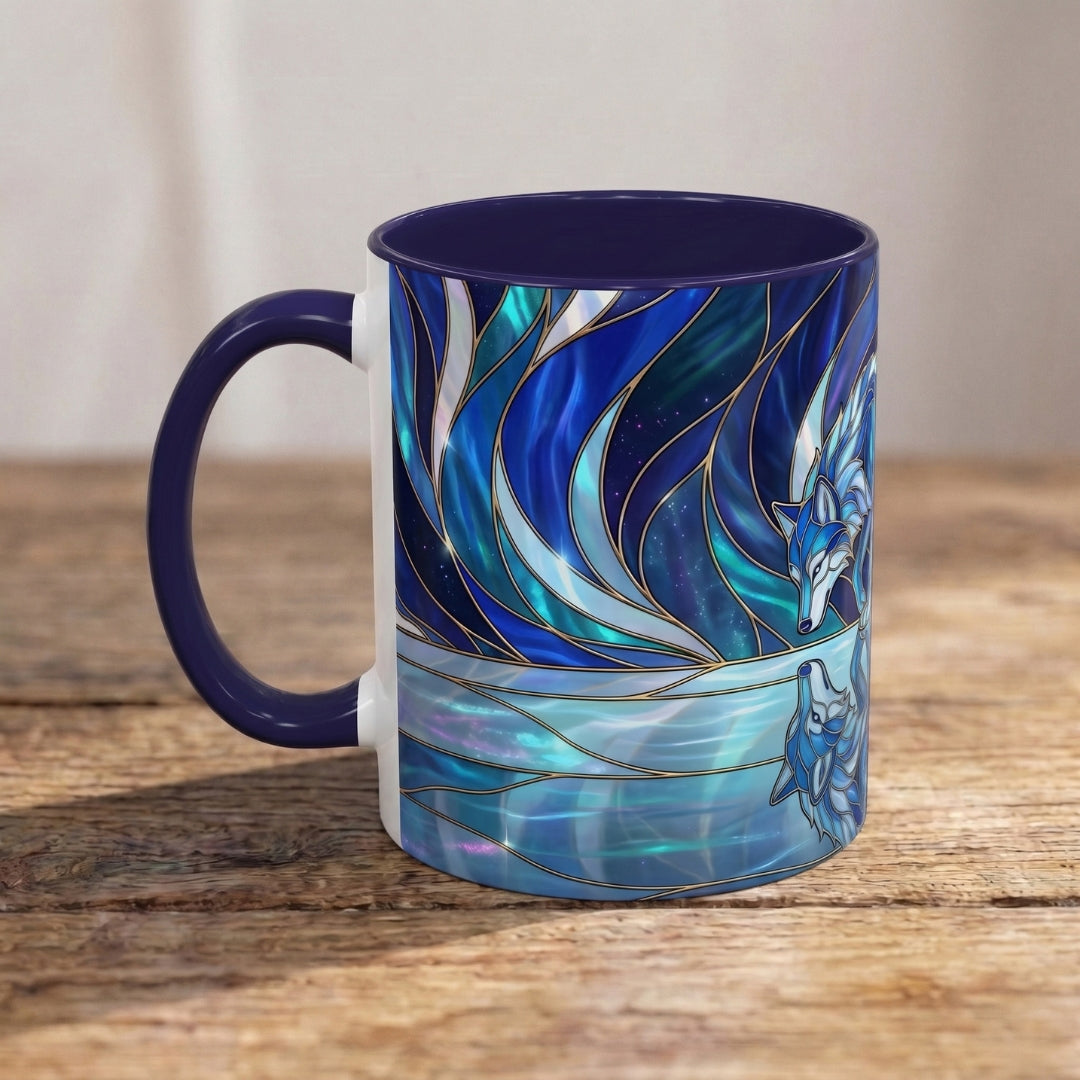 Cobalt Wolf Reflection Stained Glass Style Mug