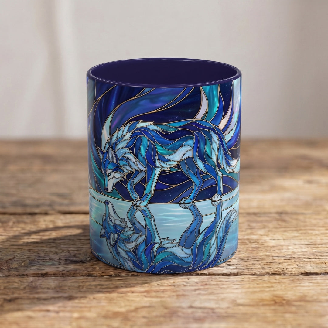 Cobalt Wolf Reflection Stained Glass Style Mug
