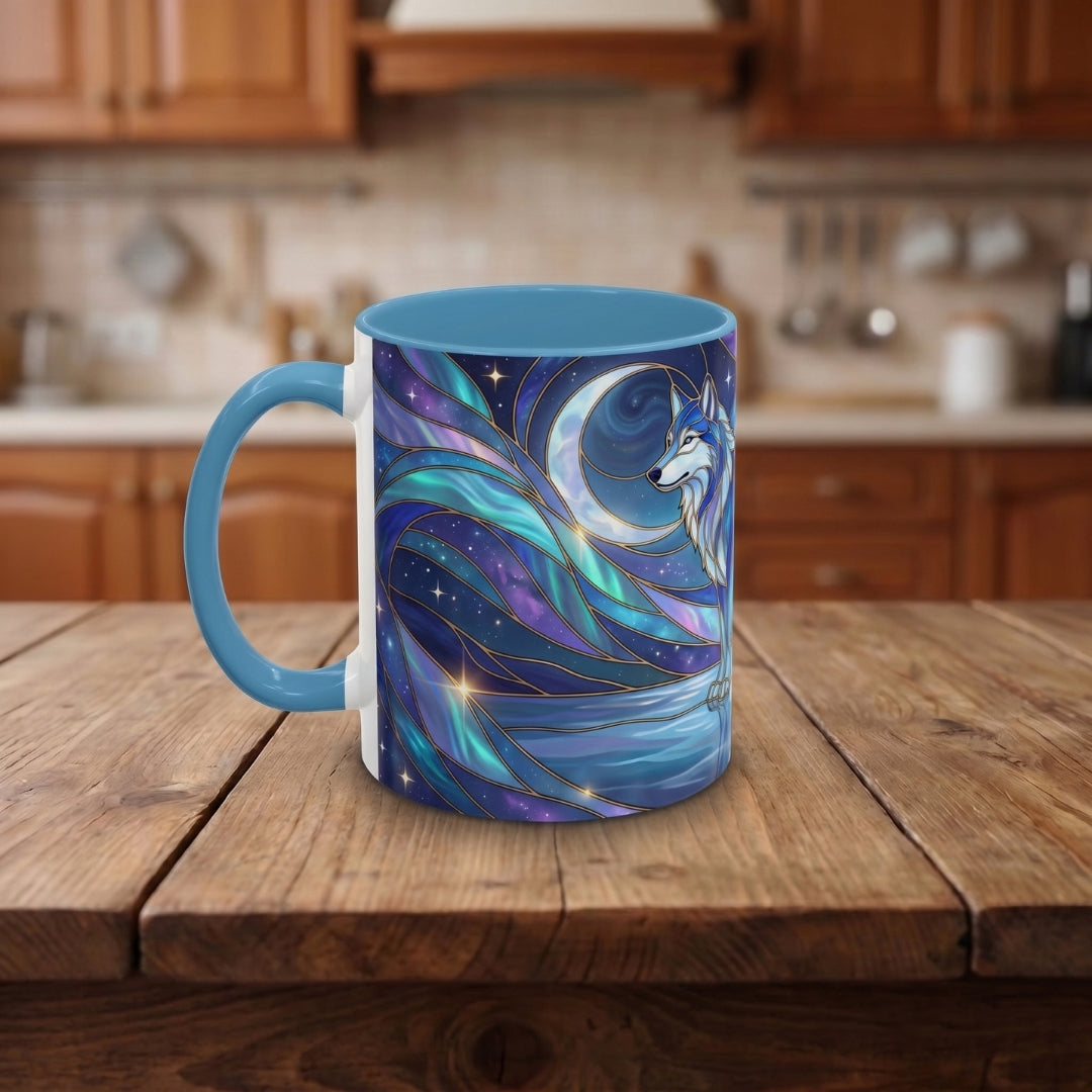 Moonlit Lake Wolf Stained Glass Style Mug
