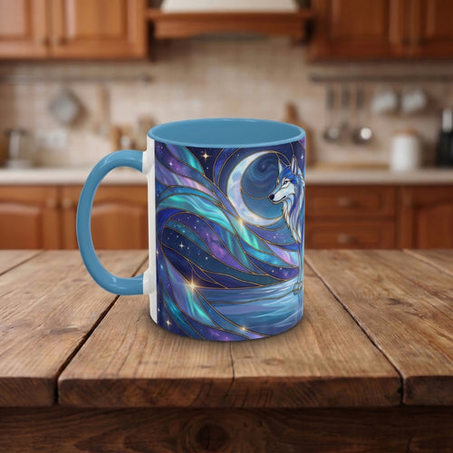 Moonlit Lake Wolf Stained Glass Style Mug