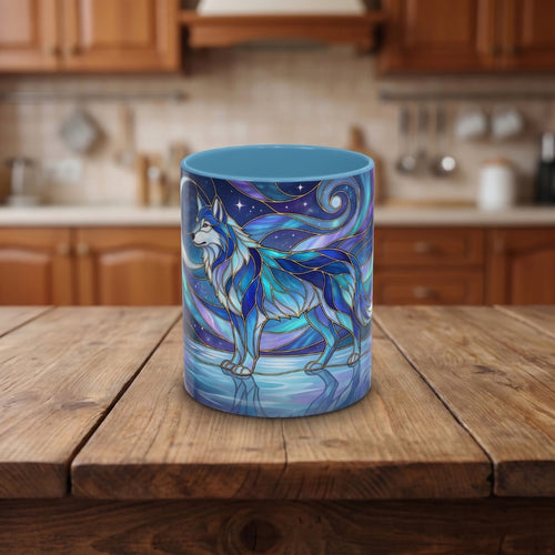Moonlit Lake Wolf Stained Glass Style Mug