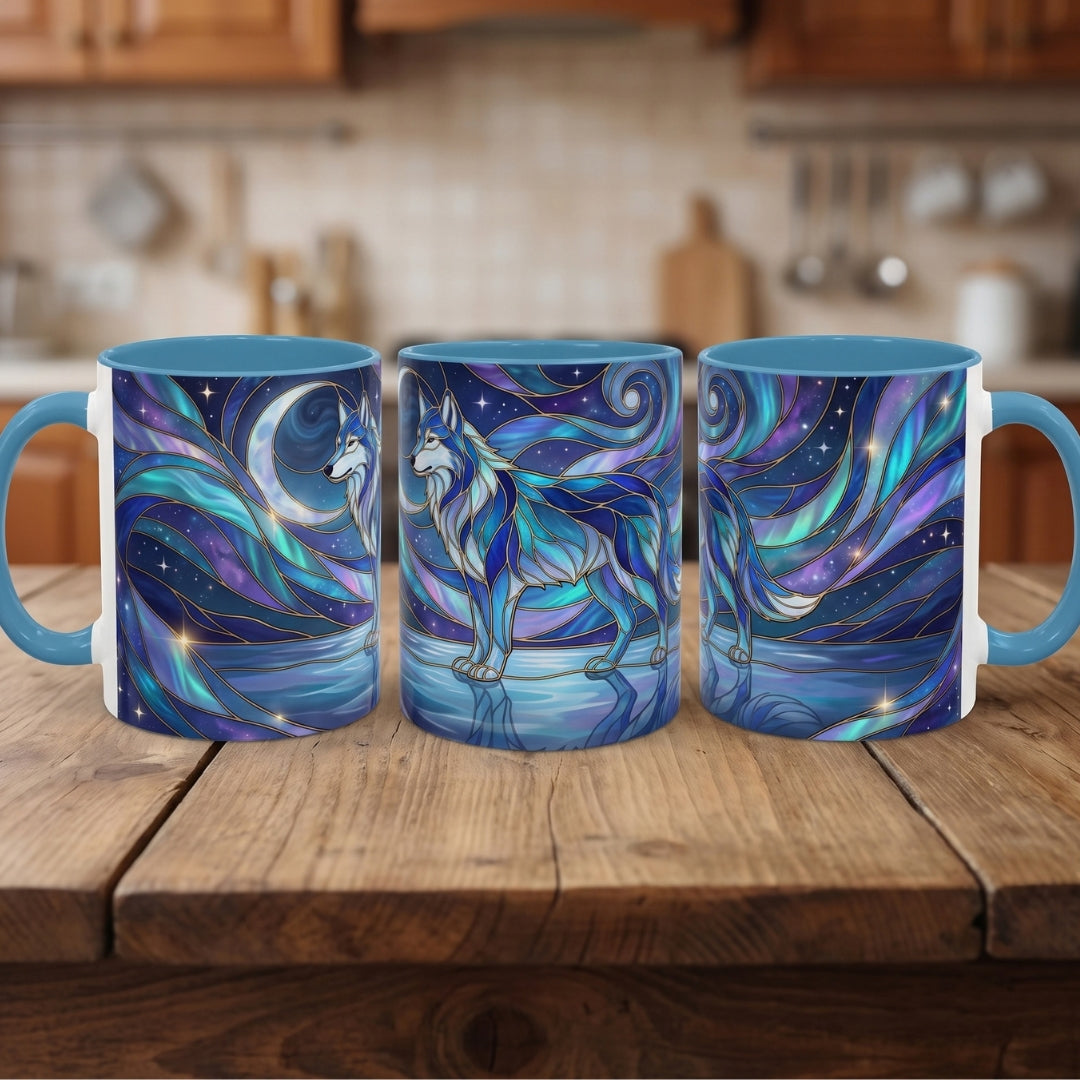 Moonlit Lake Wolf Stained Glass Style Mug
