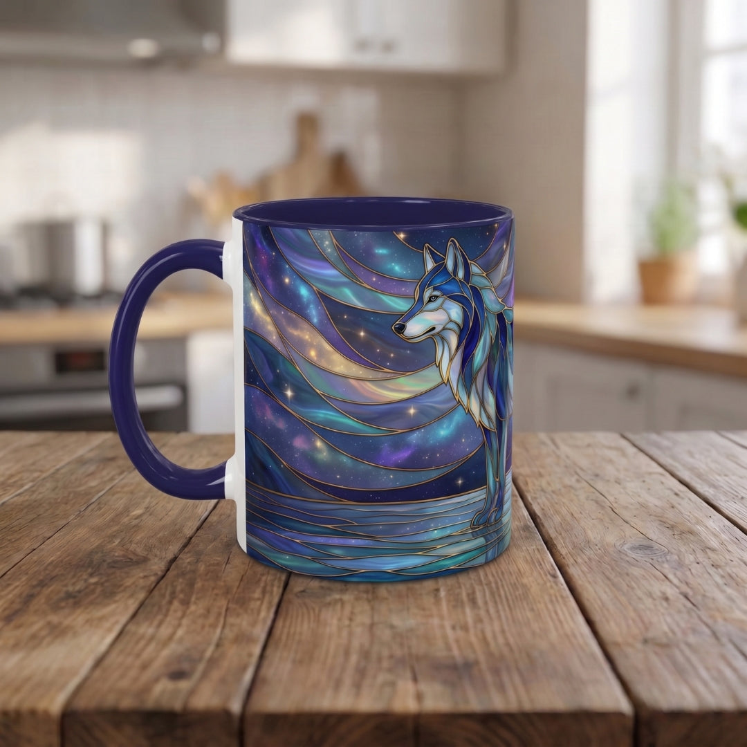 Starlit Lake Wolf Stained Glass Style Mug
