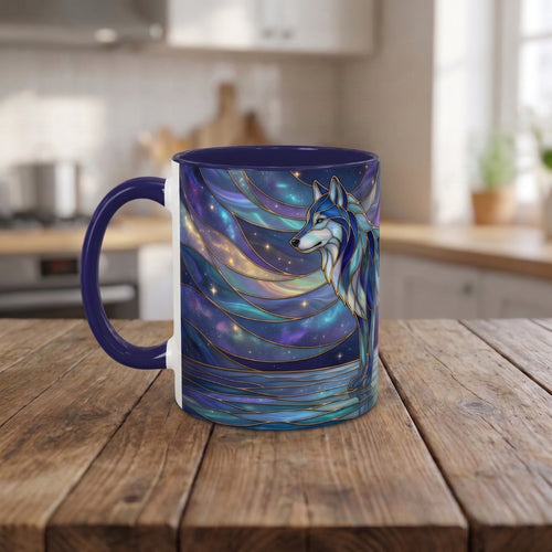 Starlit Lake Wolf Stained Glass Style Mug