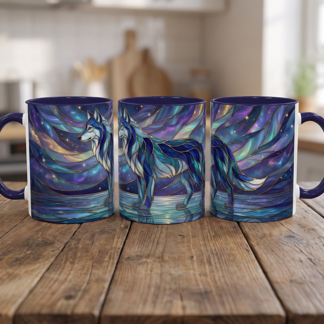 Starlit Lake Wolf Stained Glass Style Mug