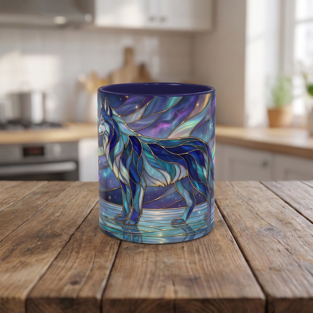 Starlit Lake Wolf Stained Glass Style Mug