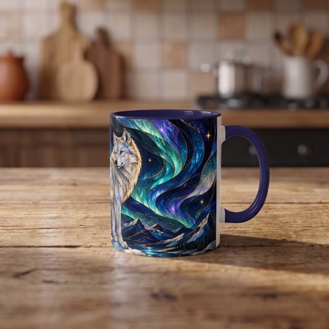Aurora Mountain Wolf Stained Glass Style Mug