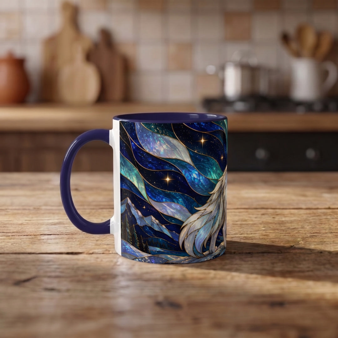 Aurora Mountain Wolf Stained Glass Style Mug