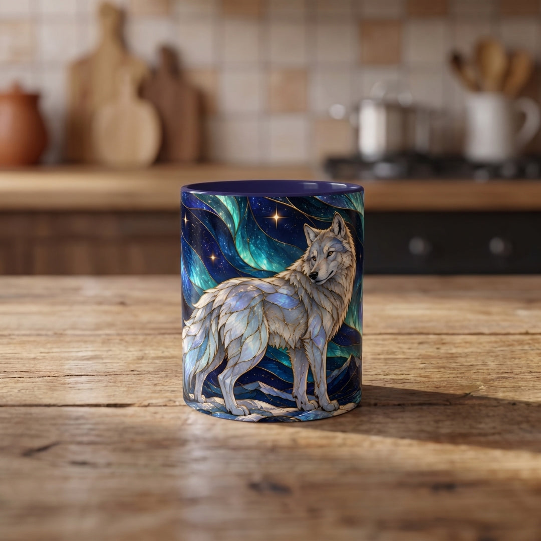 Aurora Mountain Wolf Stained Glass Style Mug