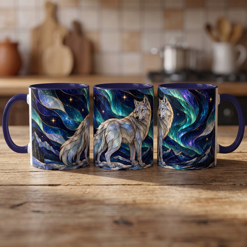 Aurora Mountain Wolf Stained Glass Style Mug