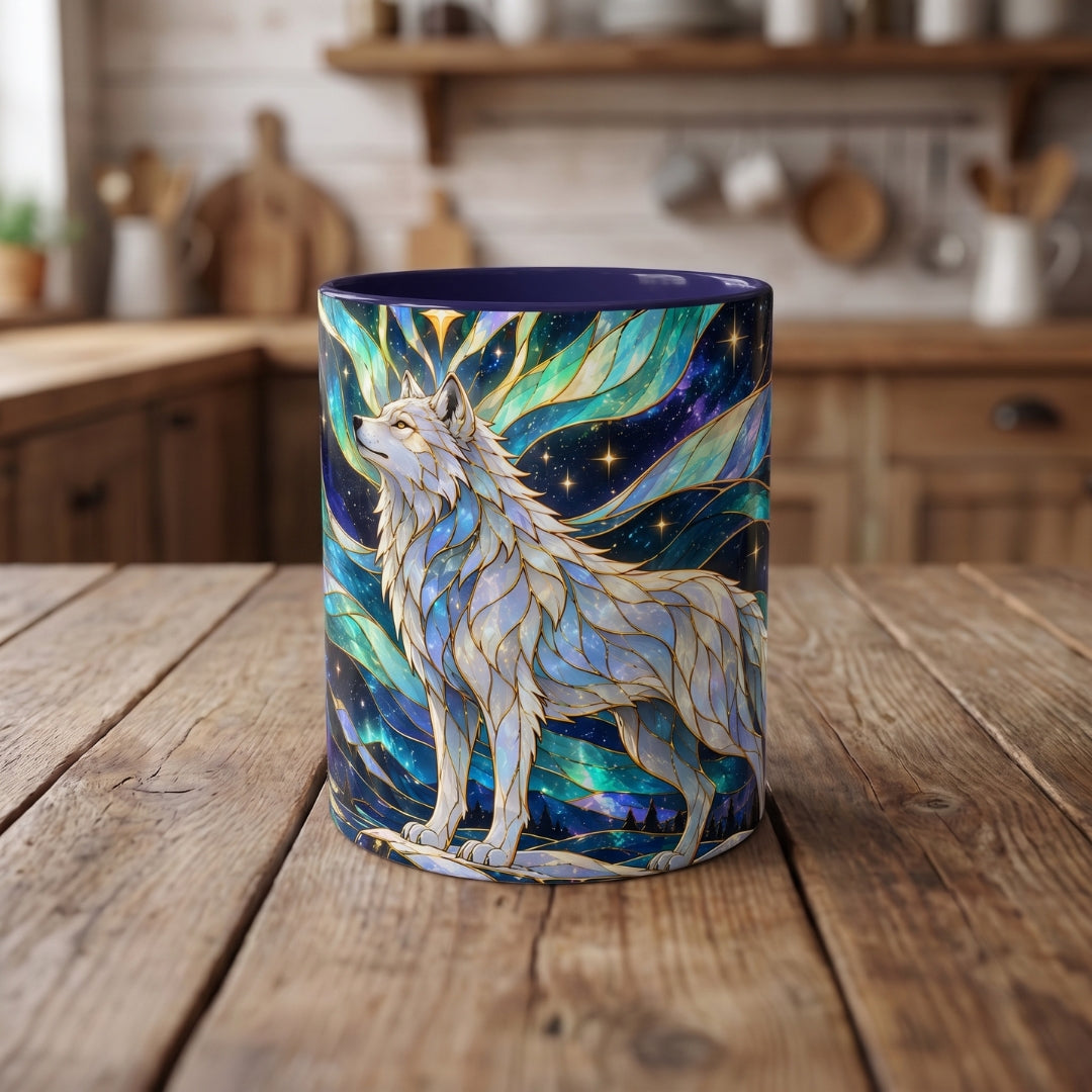 Northern Lights Wolf Stained Glass Style Mug