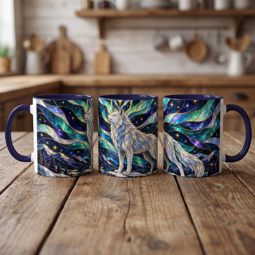 Northern Lights Wolf Stained Glass Style Mug