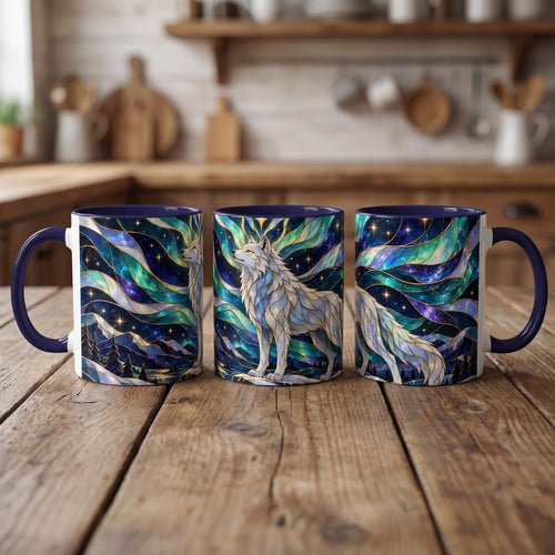 Northern Lights Wolf Stained Glass Style Mug