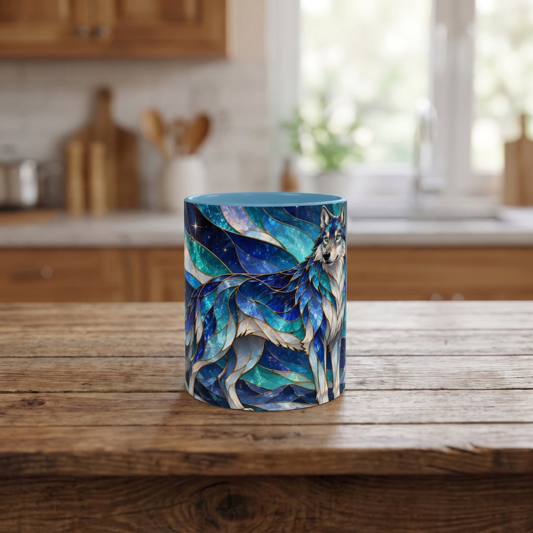 Northern Glow Wolf Stained Glass Style Mug