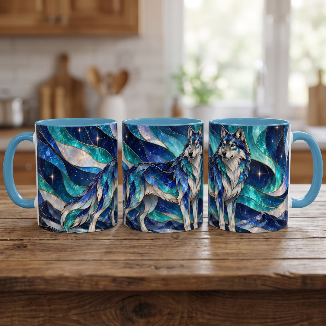 Northern Glow Wolf Stained Glass Style Mug