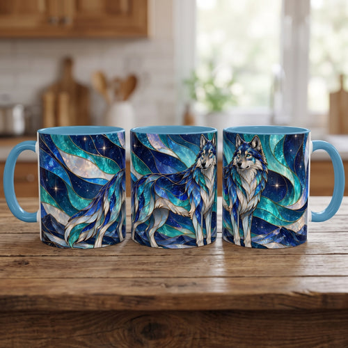 Northern Glow Wolf Stained Glass Style Mug
