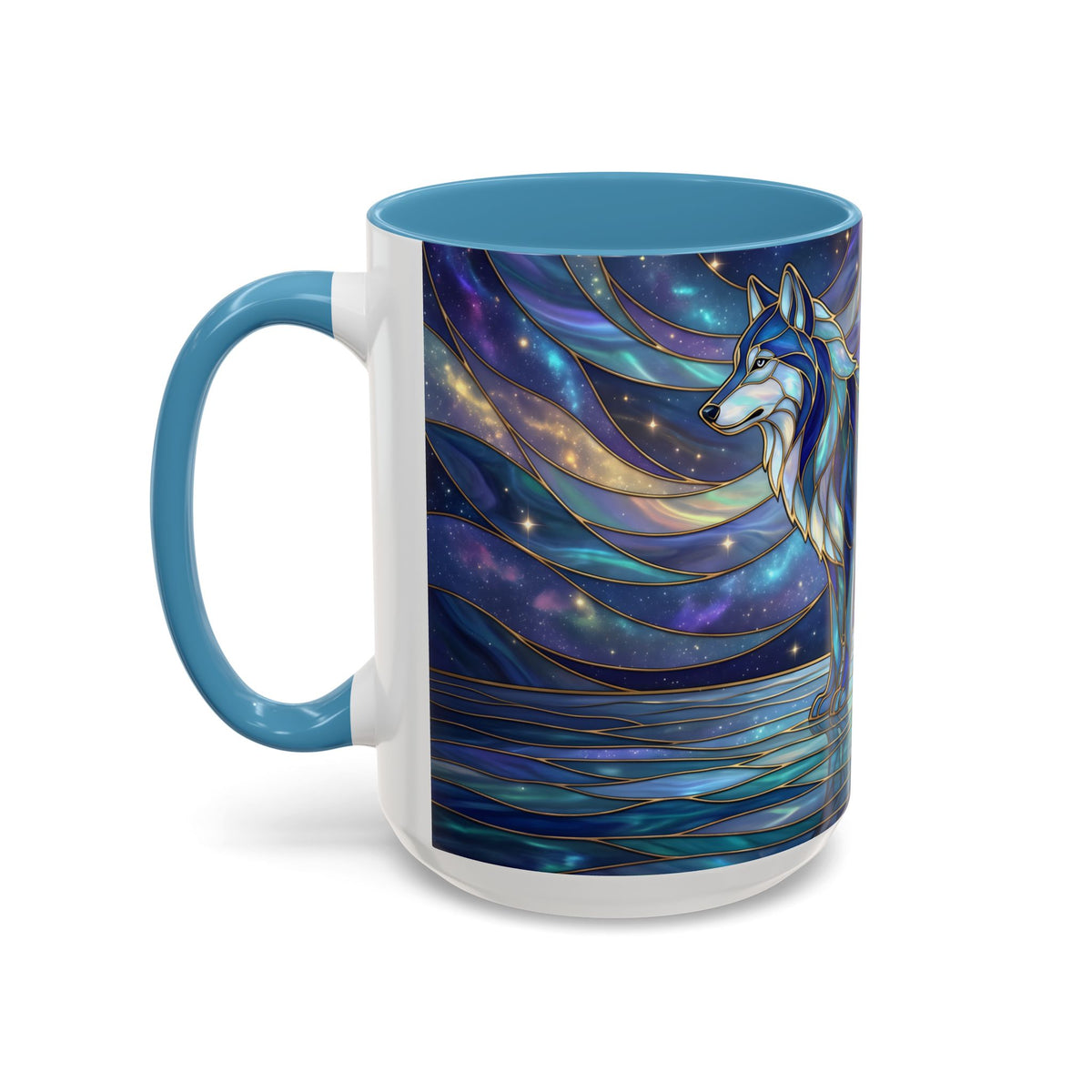 Starlit Lake Wolf Stained Glass Style Mug