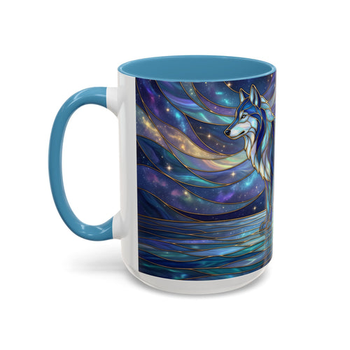 Starlit Lake Wolf Stained Glass Style Mug