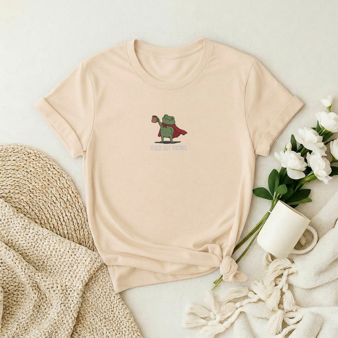 Tired Frog Embroidered Premium T-Shirt