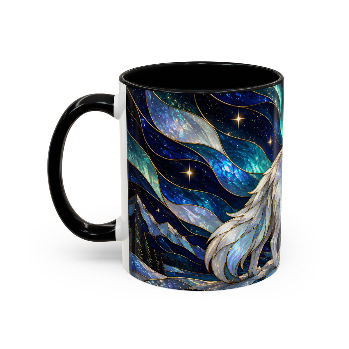 Aurora Mountain Wolf Stained Glass Style Mug