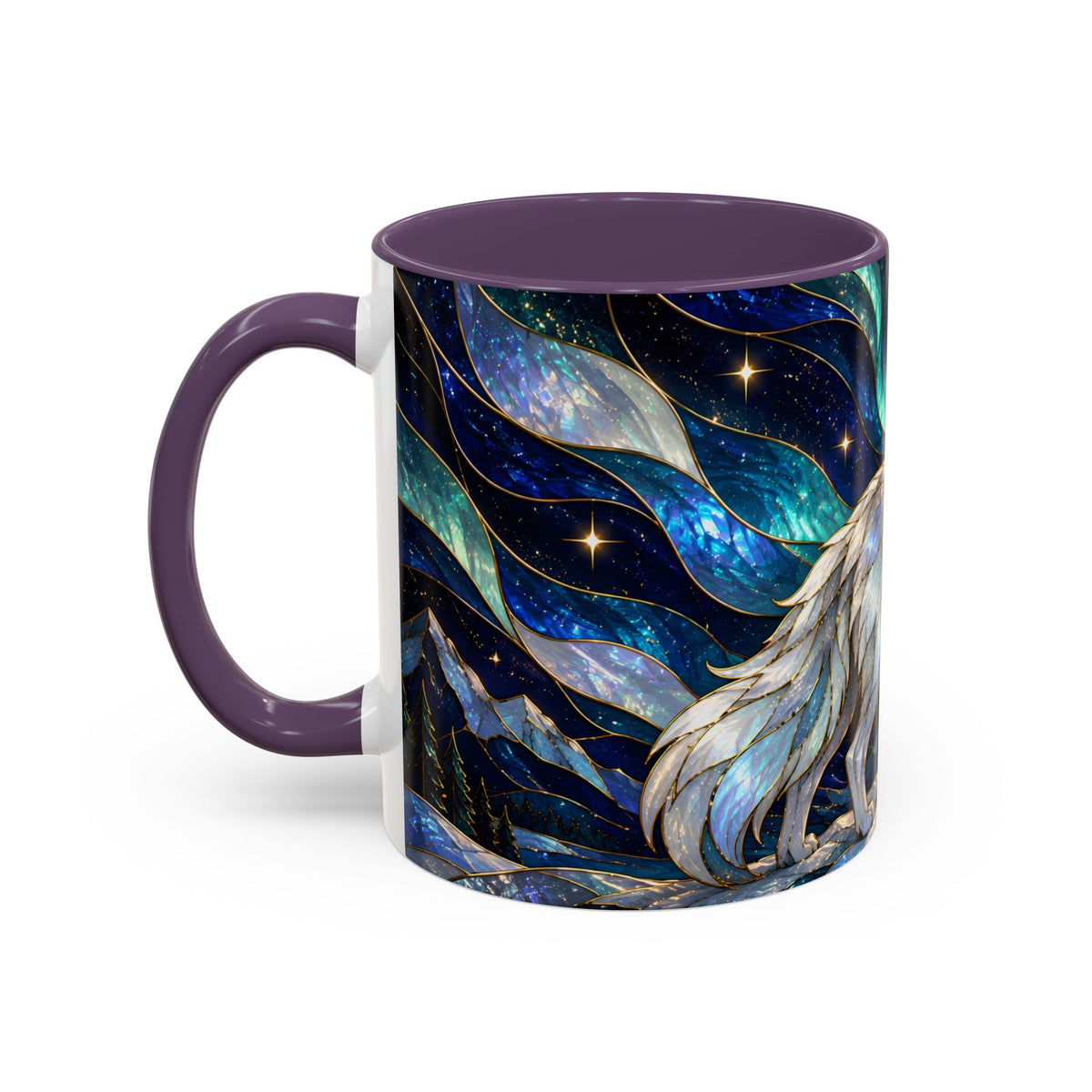 Aurora Mountain Wolf Stained Glass Style Mug