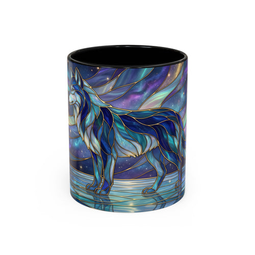 Starlit Lake Wolf Stained Glass Style Mug