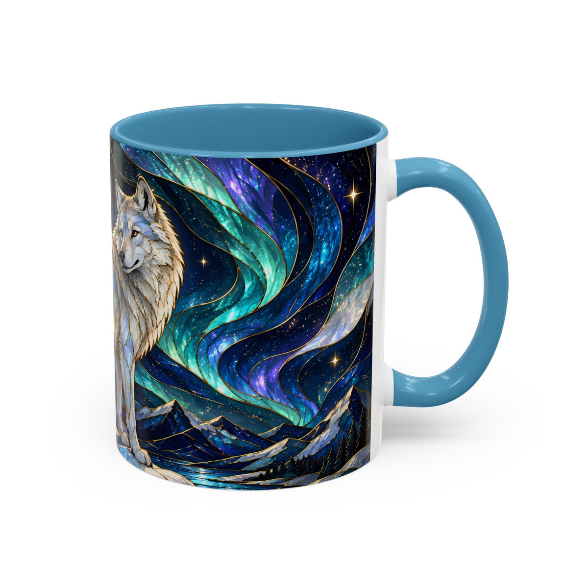 Aurora Mountain Wolf Stained Glass Style Mug